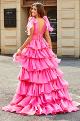 Prinzessin A-Linie V-Ausschnitt fuchsia gestuftes Ballkleid mit Schlitz